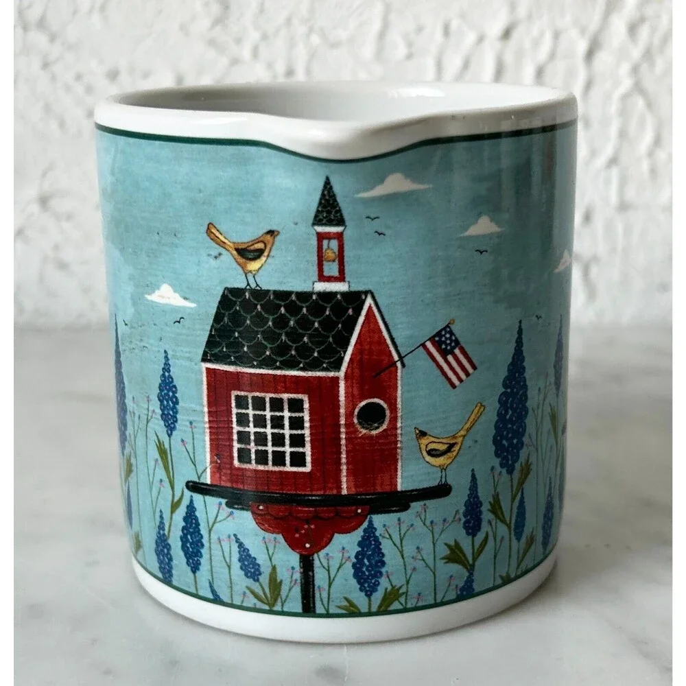 Vintage Sakura Stoneware Creamer Birdhouse Blue Red Warren Kimble